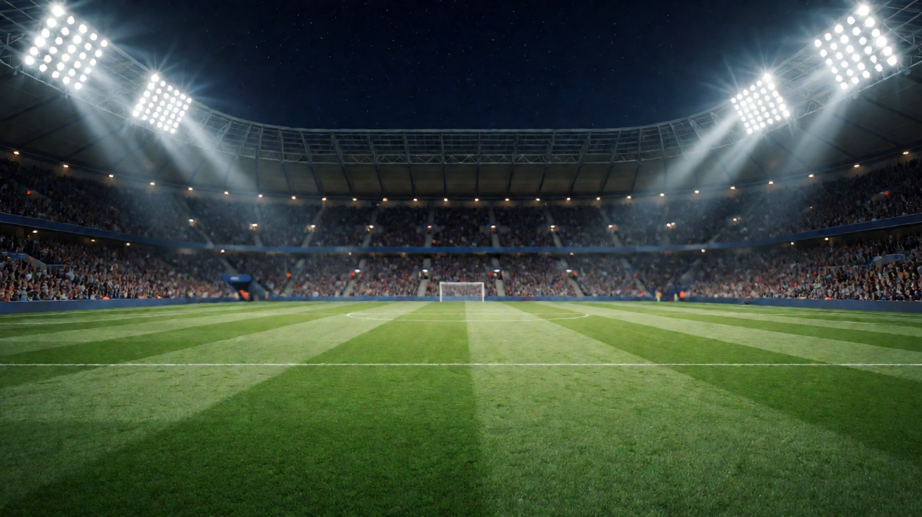 欧洲足球 stadium 夜景，专业足球赛场灯光照明下的绿茵球场