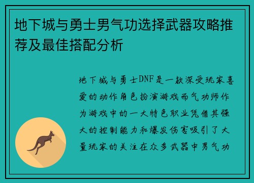 地下城与勇士男气功选择武器攻略推荐及最佳搭配分析
